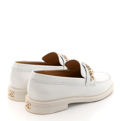 Chanel Shiny Calfskin Logo Loafers 37.5 White 4 of 9