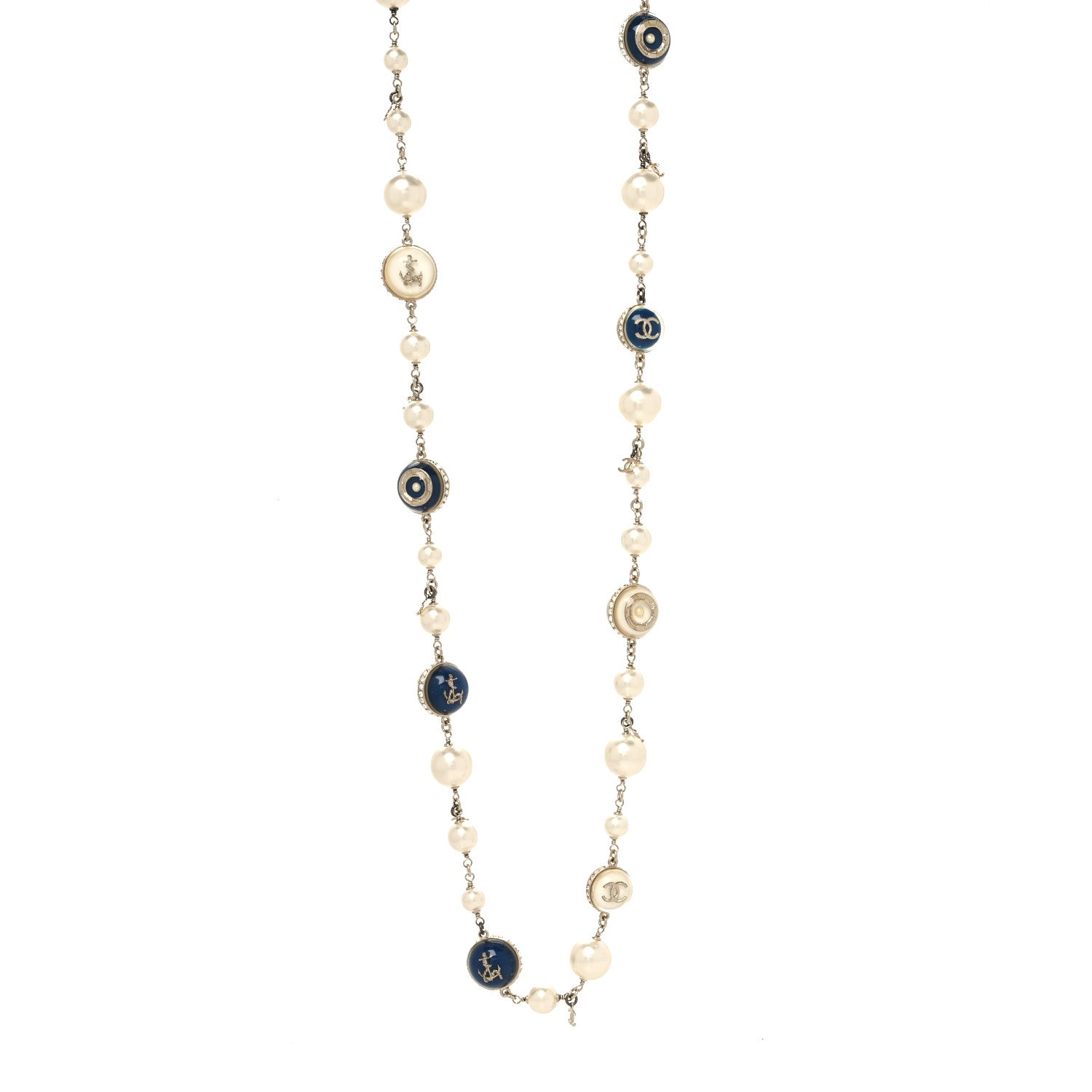 Chanel Pearl Resin Crystal CC Long Necklace Gold Blue 1 of 5