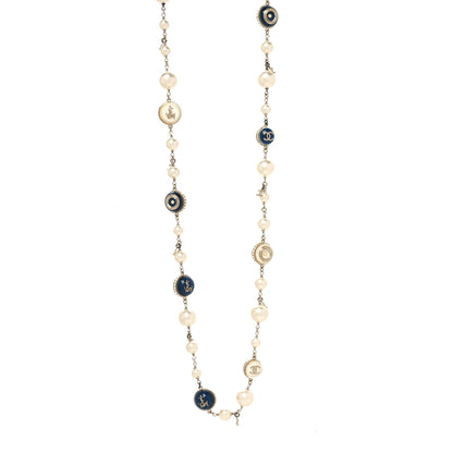 Chanel Pearl Resin Crystal CC Long Necklace Gold Blue 1 of 5