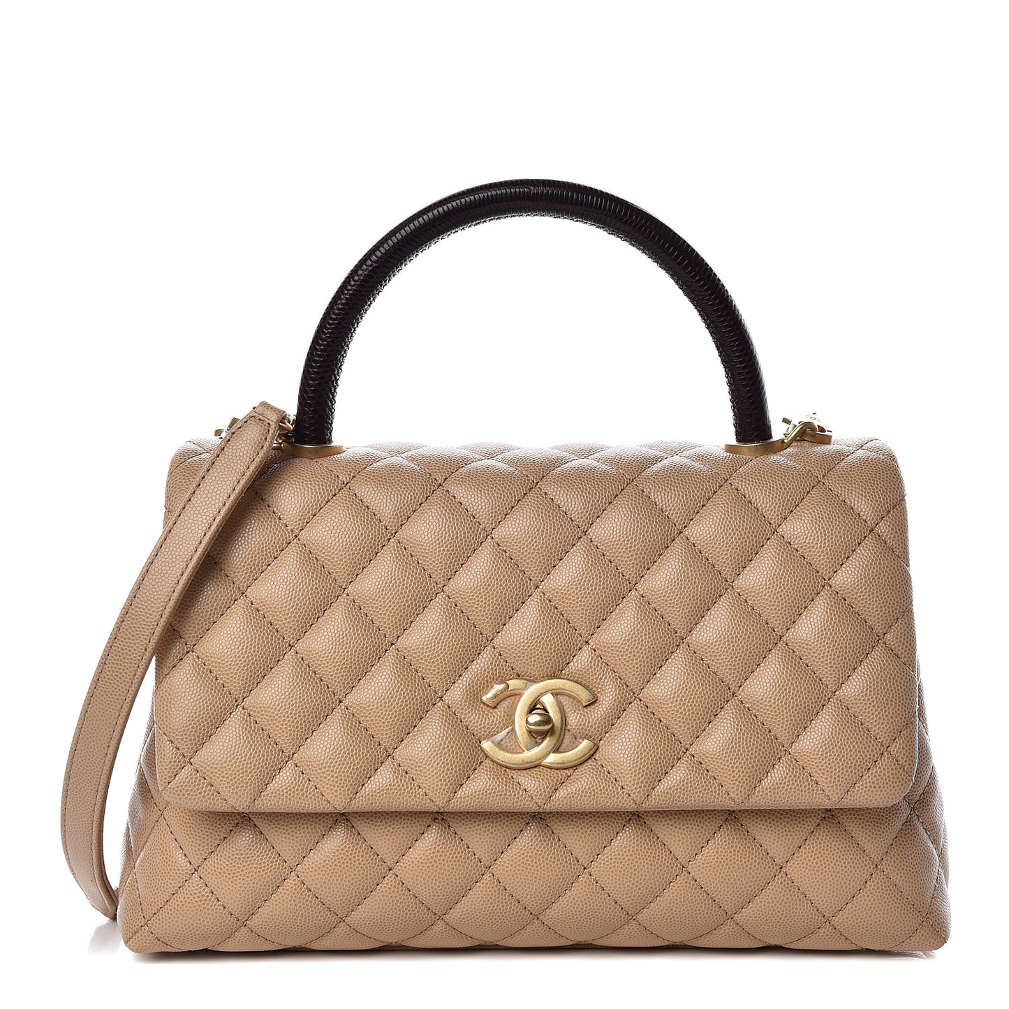 Caviar Lizard Embossed Quilted Small Coco Handle Flap Beige