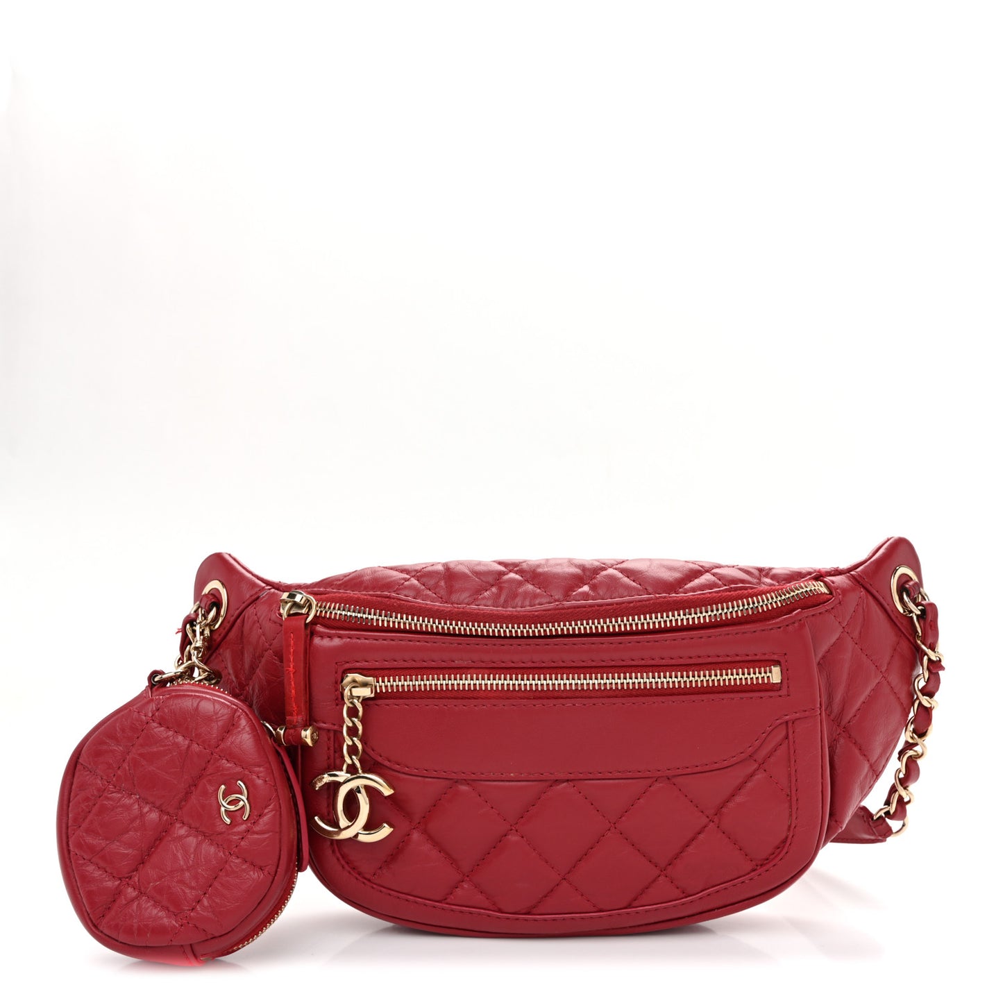 Aged Calfskin Quilted Waist Bag With Coin Purse  Red