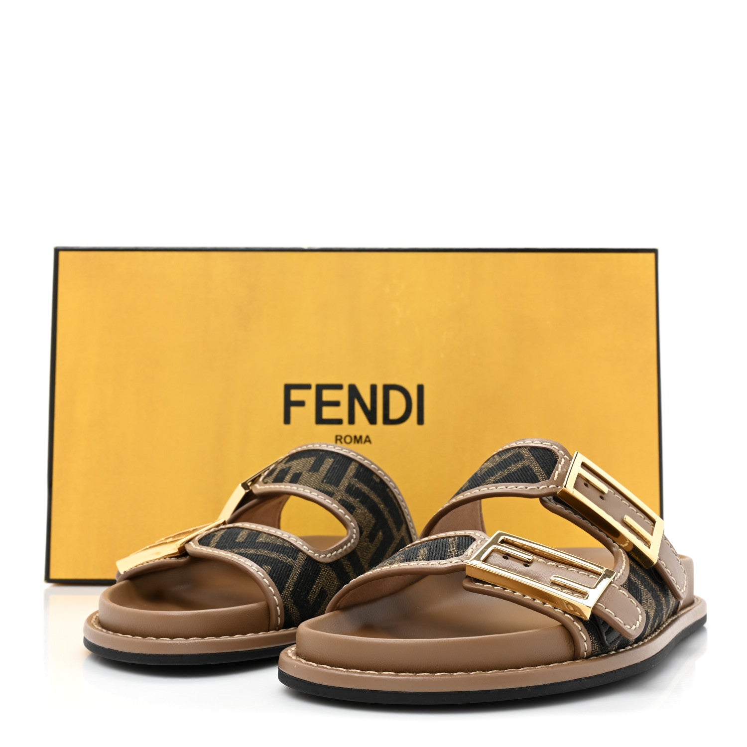 Fendi Fabric Jacquard Nappa FF Womens Fendi Feel Buckled Slide Sandals 35 Tobacco Black Miele Scuro 8 of 8