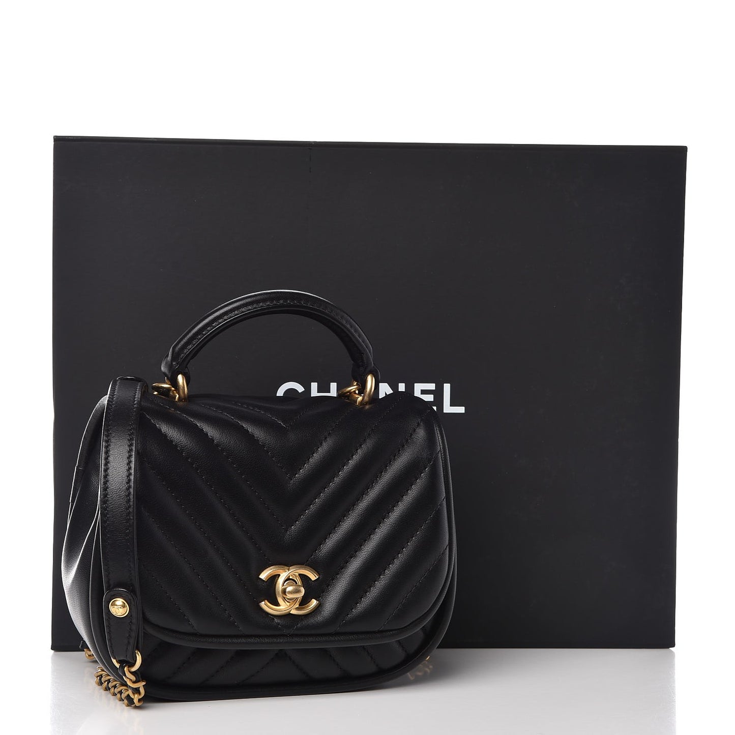 Lambskin Reverse Chevron Quilted Mini Round Top Handle Flap Black