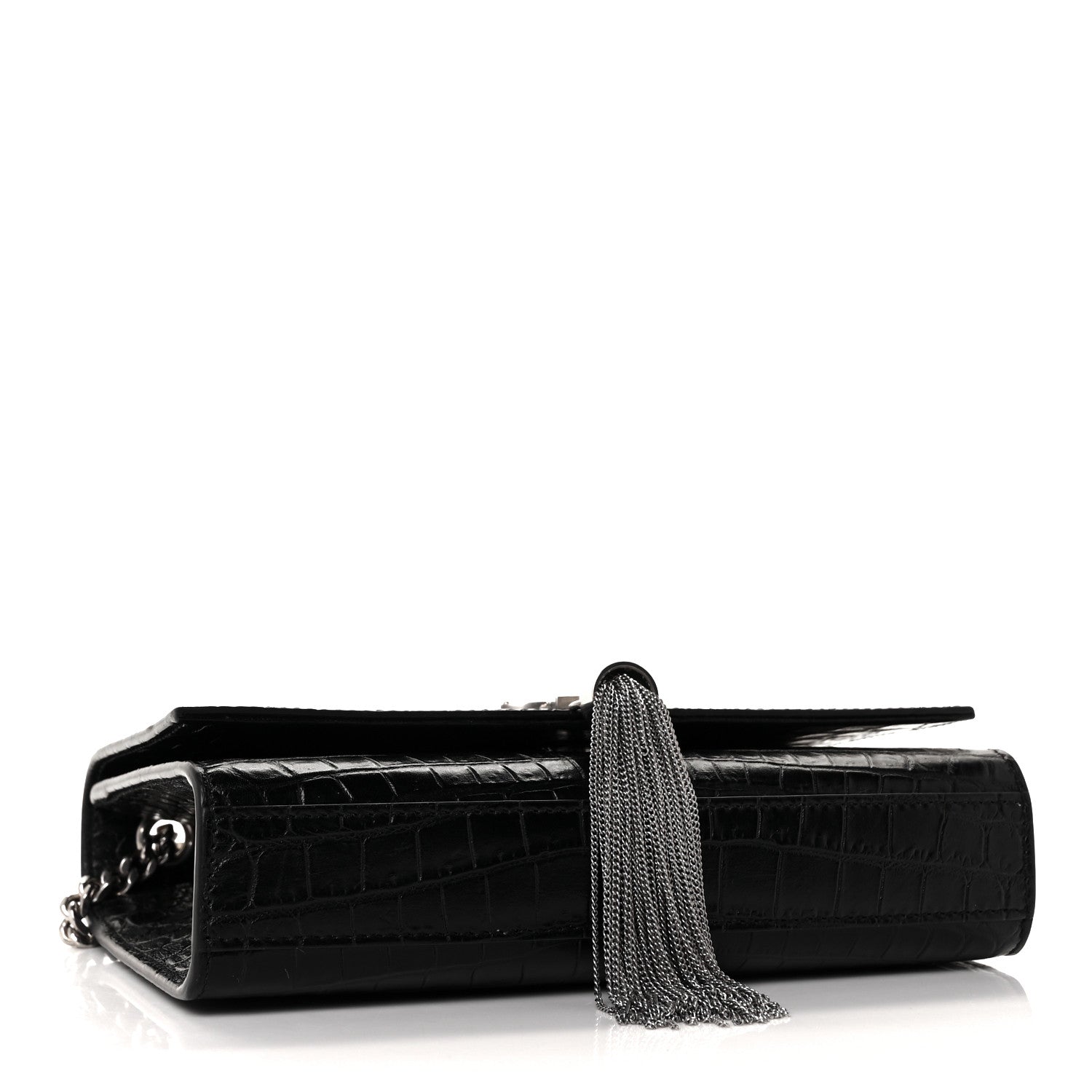 Saint Laurent Calfskin Crocodile Embossed Small Classic Monogram Kate Tassel Satchel Black 4 of 8