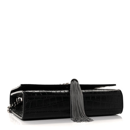 Saint Laurent Calfskin Crocodile Embossed Small Classic Monogram Kate Tassel Satchel Black 4 of 8