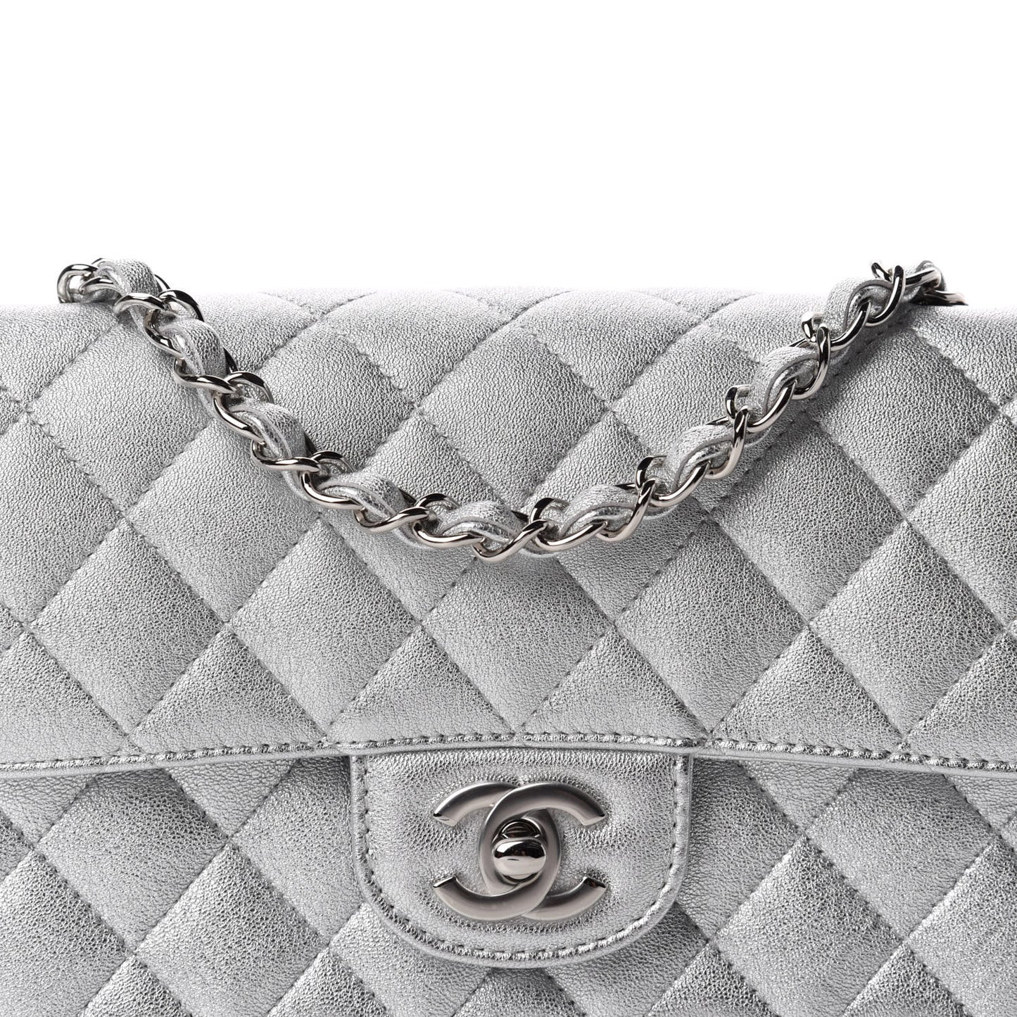 Metallic Lambskin Quilted Mini Rectangular Flap Silver