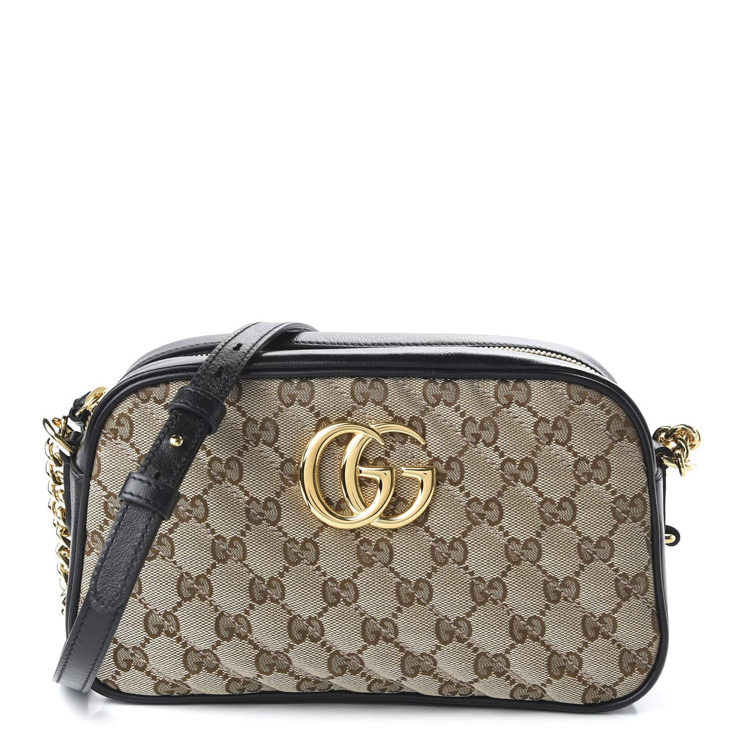 Gucci Monogram Matelasse Diagonal Small GG Marmont Chain Shoulder Bag Beige Black 1 of 10