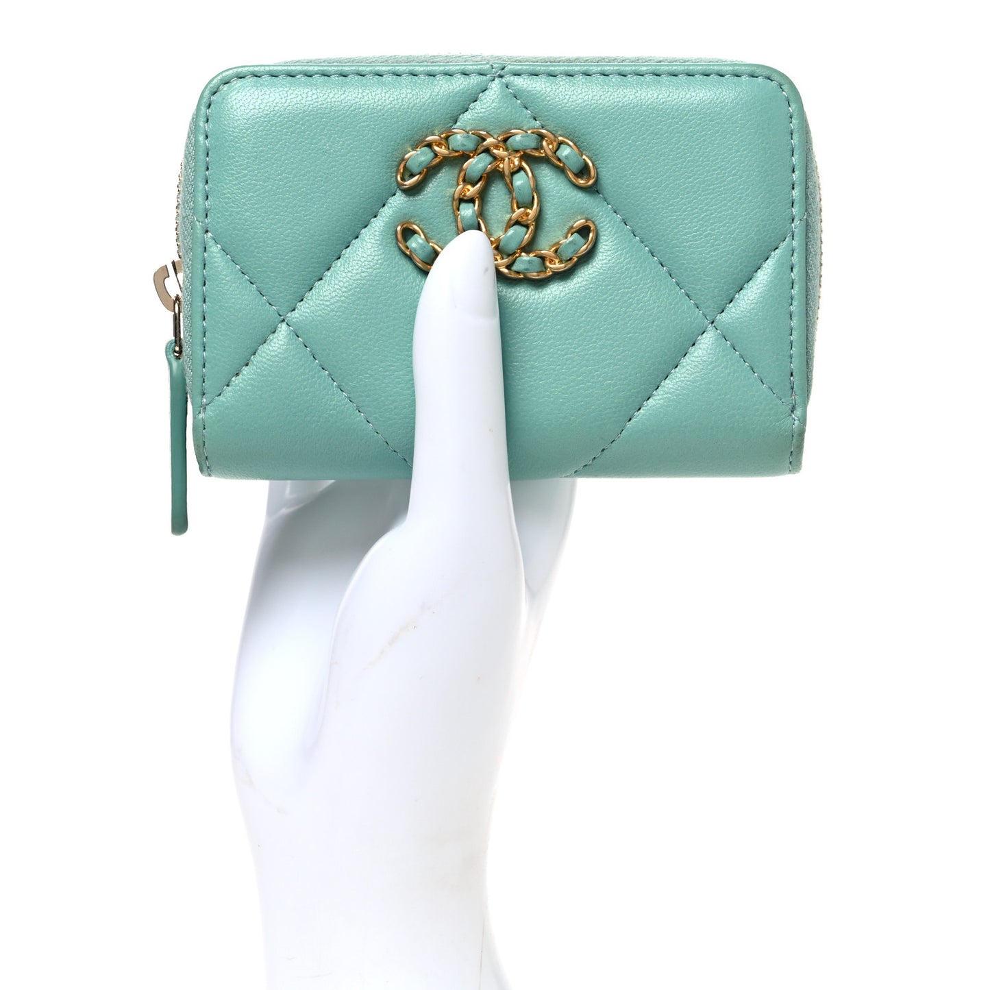 Lambskin Quilted Chanel 19 Zip Around Coin Purse Wallet Light Green