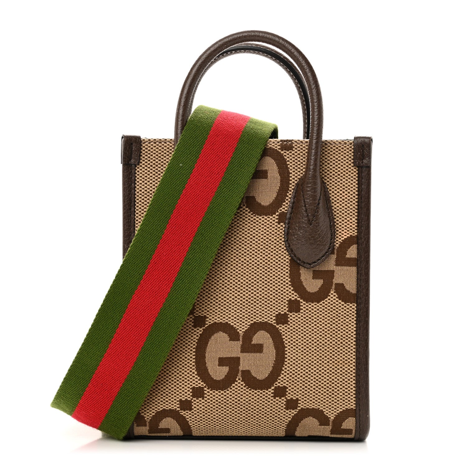 Gucci Monogram Jumbo GG Textured Dollar Calfskin Web Mini Vertical Tote Camel Ebony New Acero 1 of 9