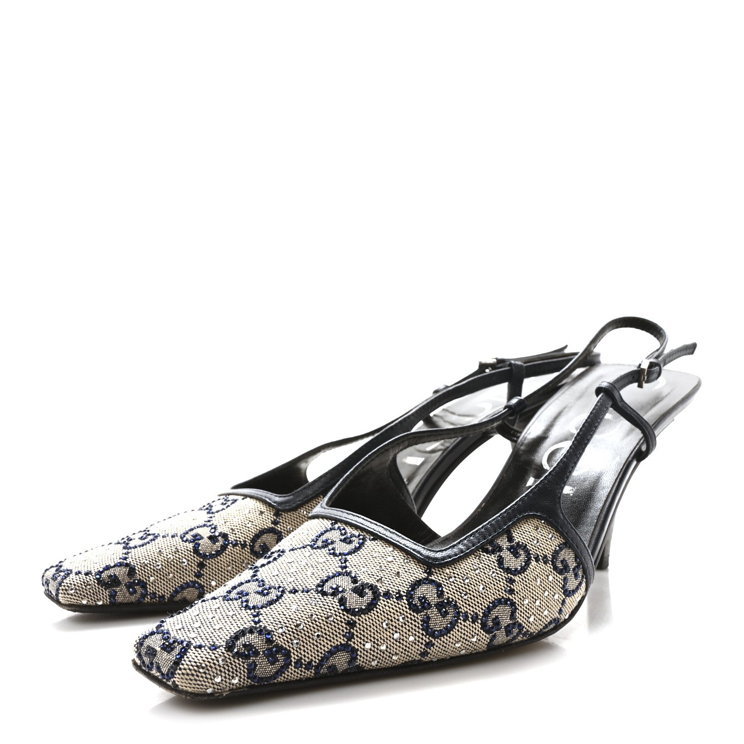Gucci GG Monogram Malaga Kid Crystal Square G 75mm Slingback Pumps 39.5 Beige Blue 4 of 9