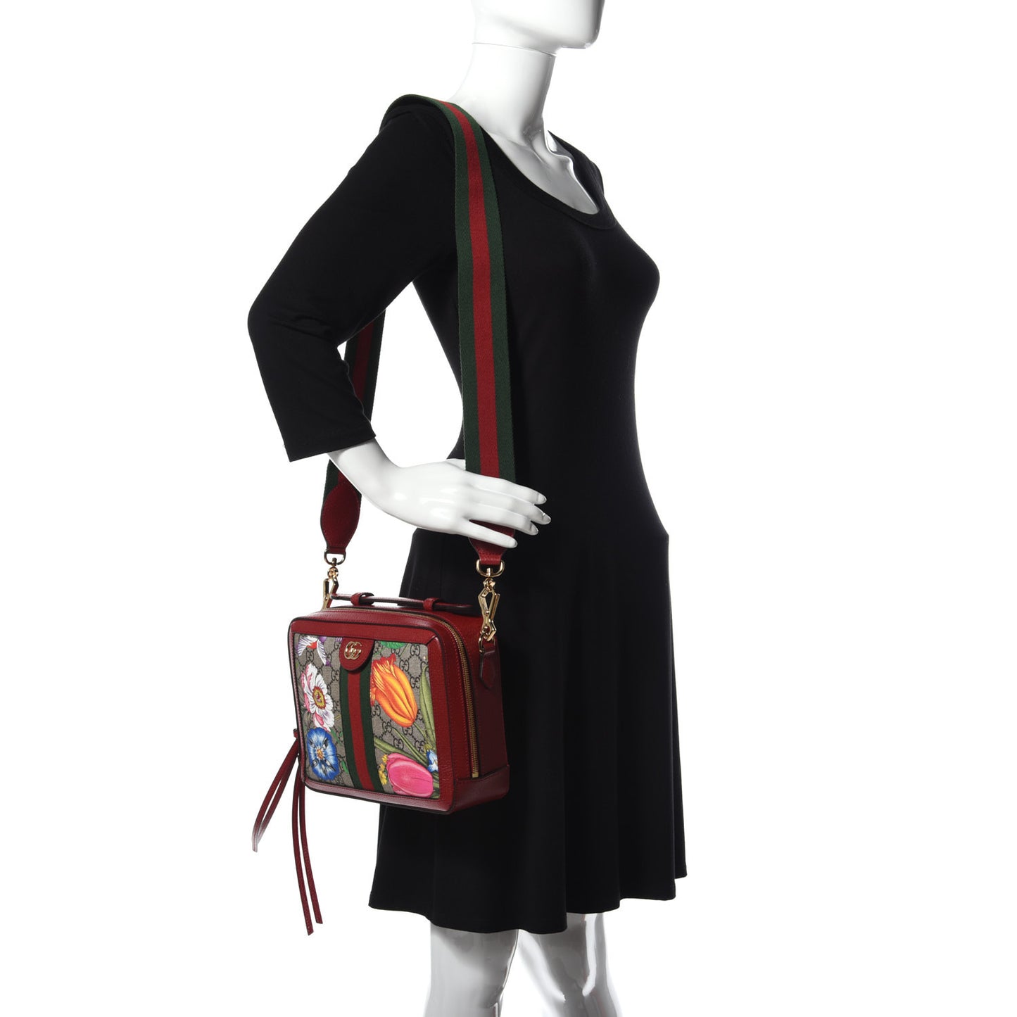 GG Supreme Monogram Flora Web Small Ophidia Top Handle Shoulder Bag Hibiscus Red