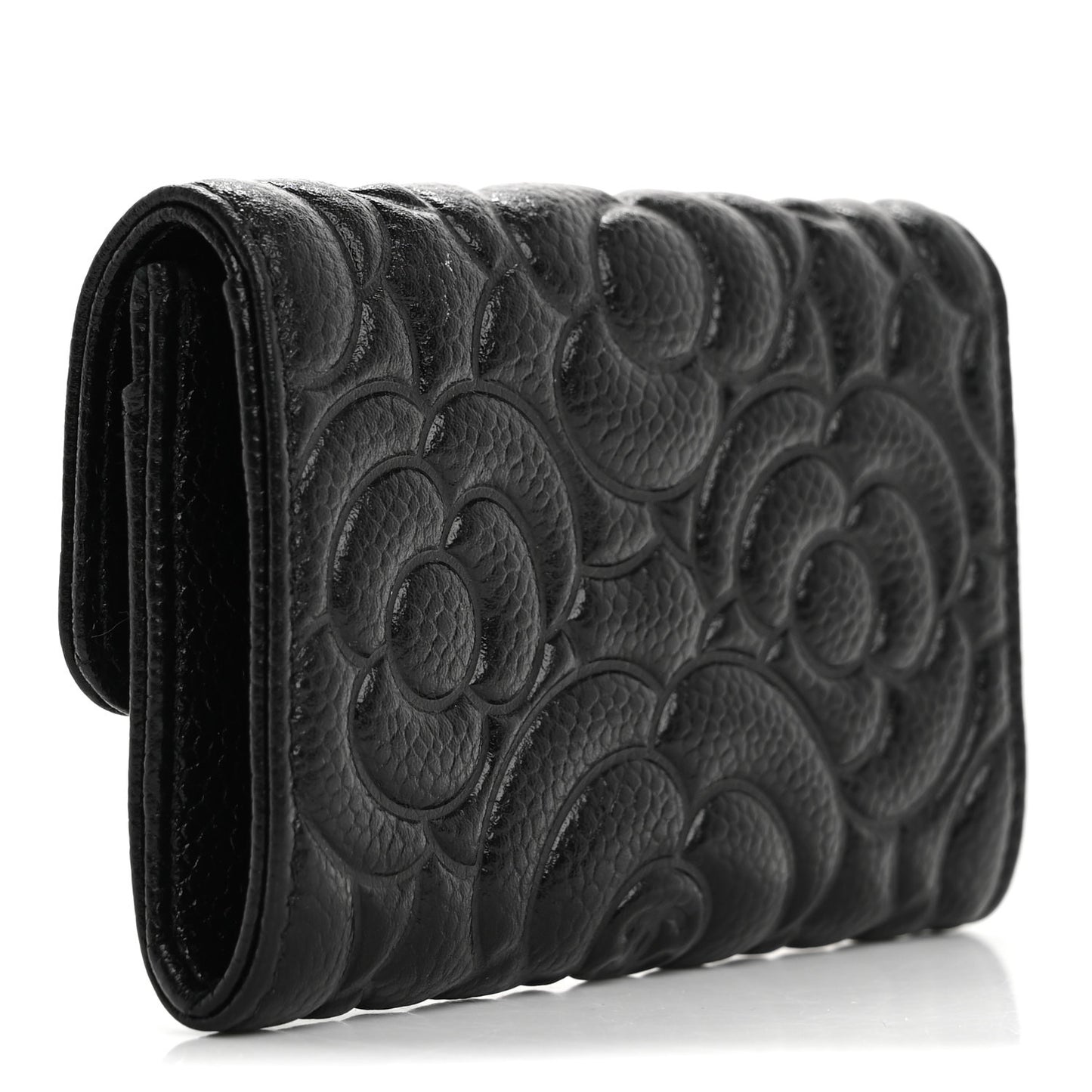 Caviar Camellia Embossed Card Holder Wallet Black