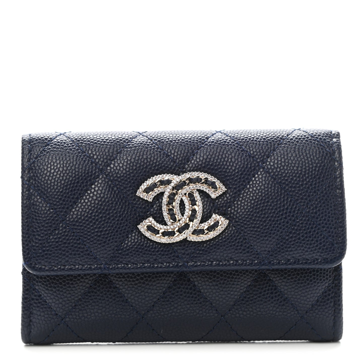 Caviar Quilted Crystal CC Flap Card Holder Navy Blue