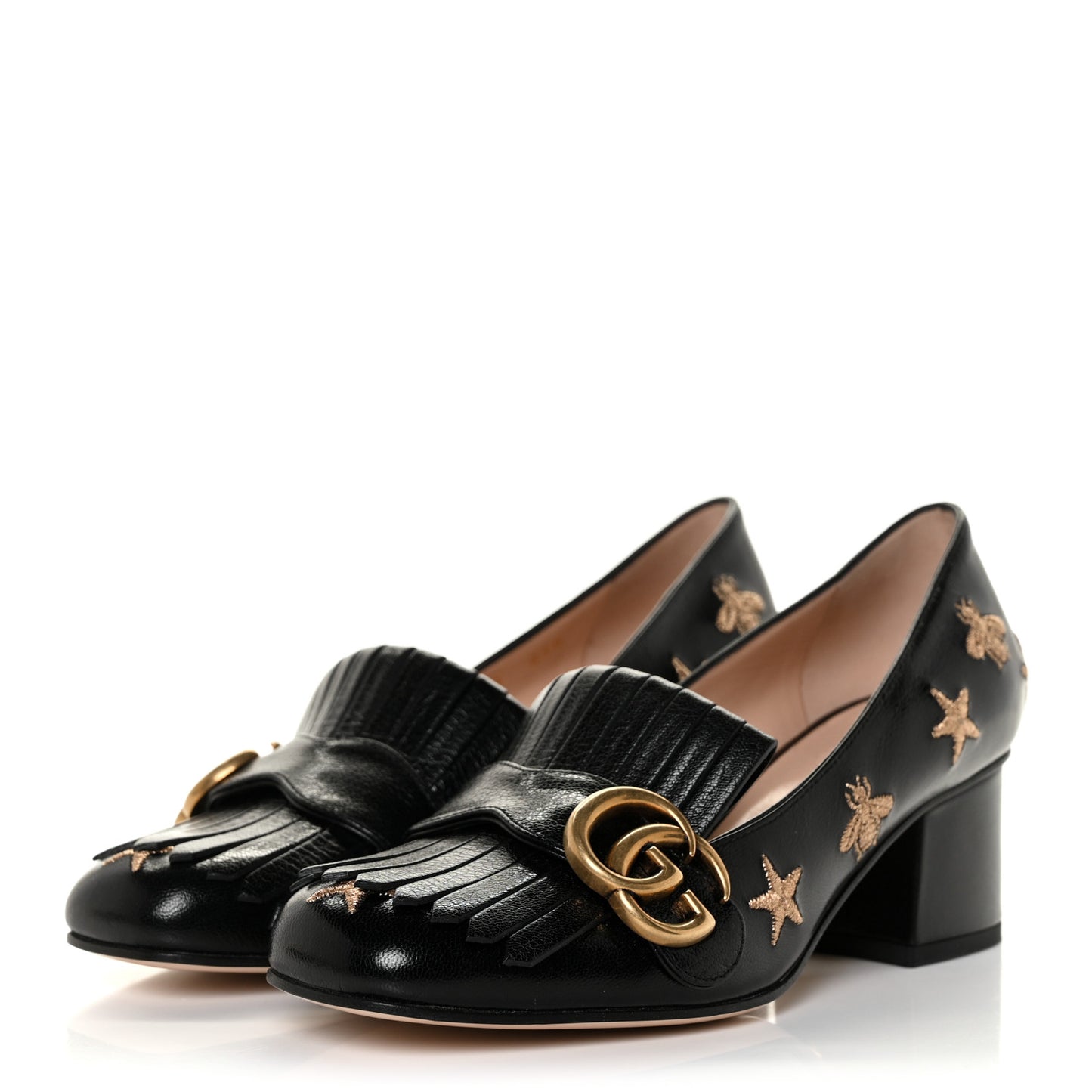 Quentin Goatskin Bee Star Embroidered GG Marmont Fringe 50mm Loafer Pumps 35 Black