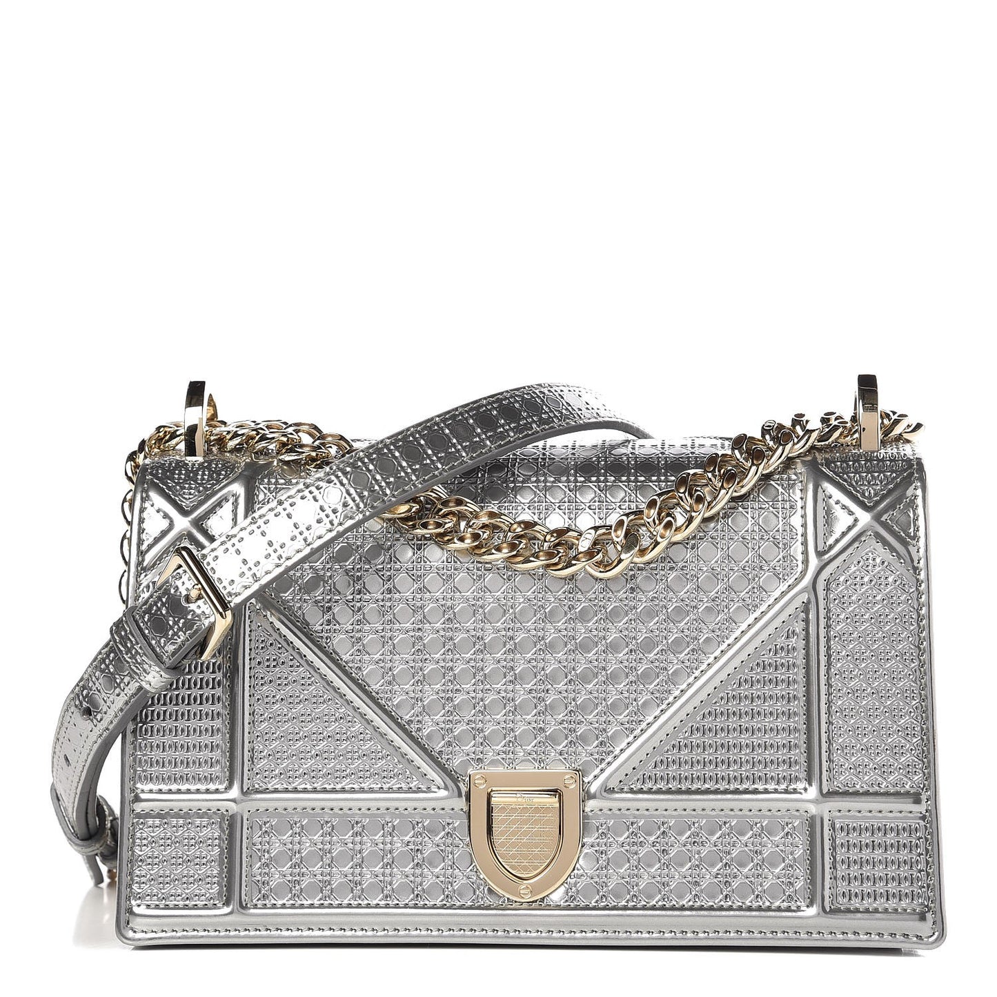 Metallic Patent Micro-Cannage Small Diorama Flap Bag Silver