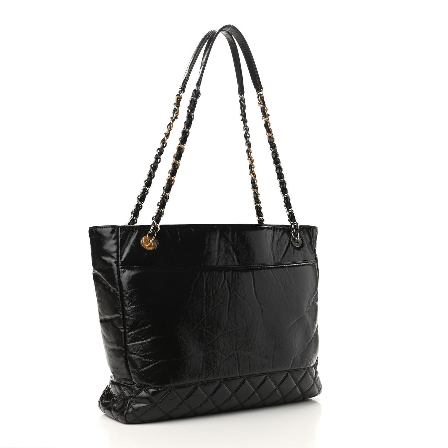Shiny Aged Calfskin Quilted Large Shopping Bag Black