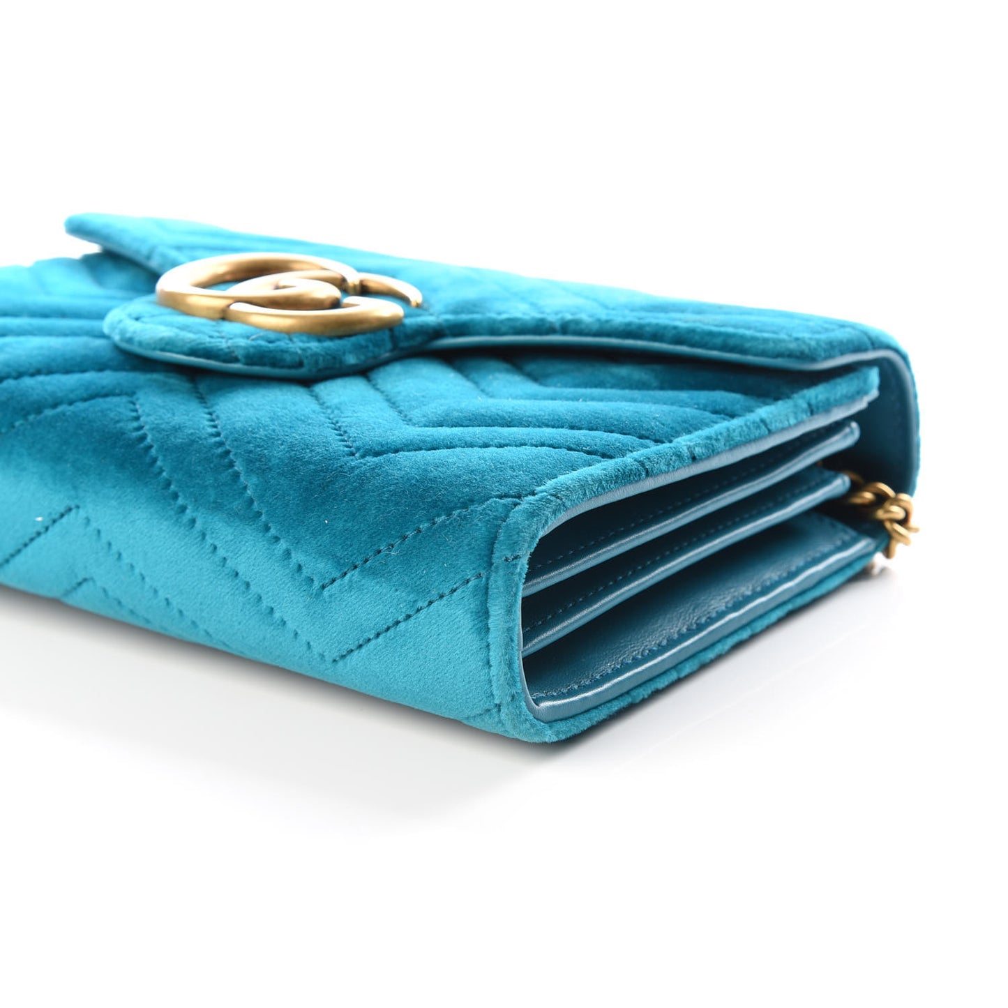 Velvet Matelasse GG Marmont Chain Wallet Pavone Cyan