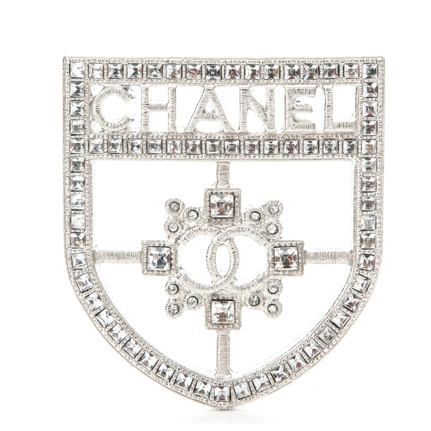 Chanel Swarovski Baguette Crystal CC Shield Brooch Silver 1 of 4