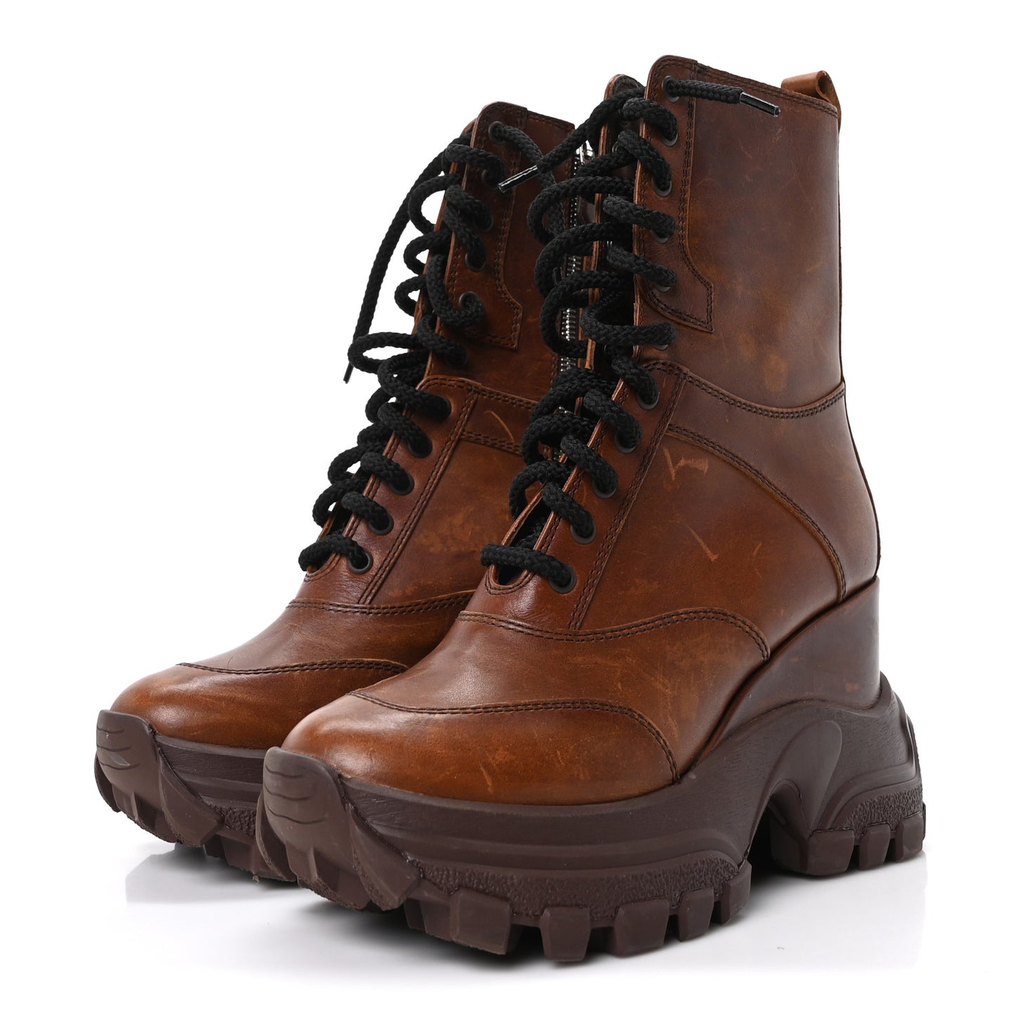 Distressed Calfskin Platform Wedge Lace Up Combat Boots 40 Brown