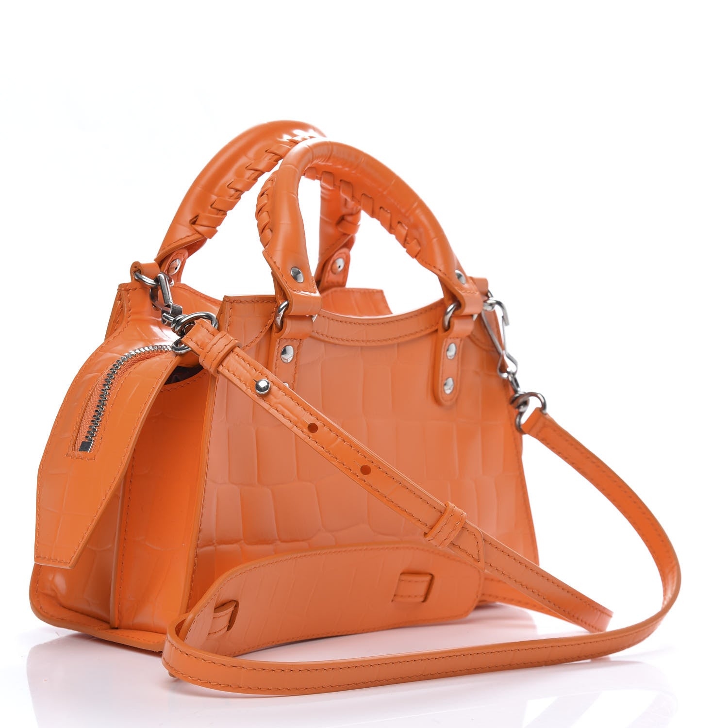 Balenciaga Semi Shiny Calfskin Crocodile Embossed Neo Classic Silver Hardware Mini City Orange 4 of 9