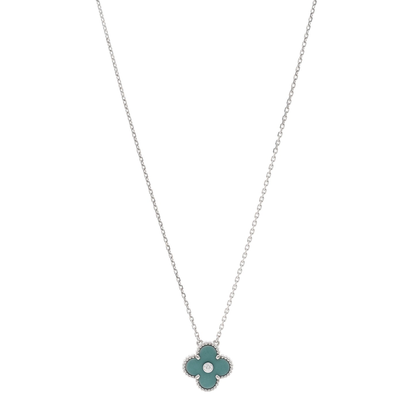 18K White Gold Diamond Celadon Green Sevres Porcelain Vintage Alhambra Pendant Necklace