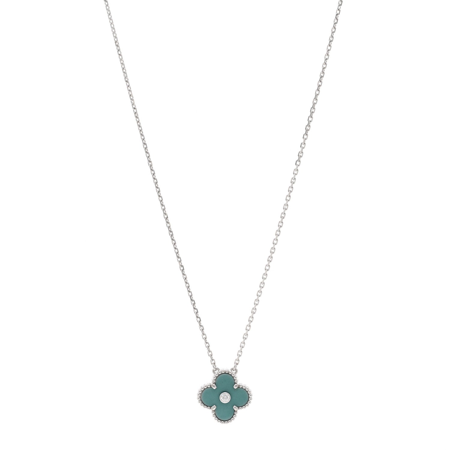 Van Cleef & Arpels 18K White Gold Diamond Celadon Green Sevres Porcelain Vintage Alhambra Pendant Necklace 1 of 6