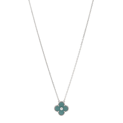 Van Cleef & Arpels 18K White Gold Diamond Celadon Green Sevres Porcelain Vintage Alhambra Pendant Necklace 1 of 6