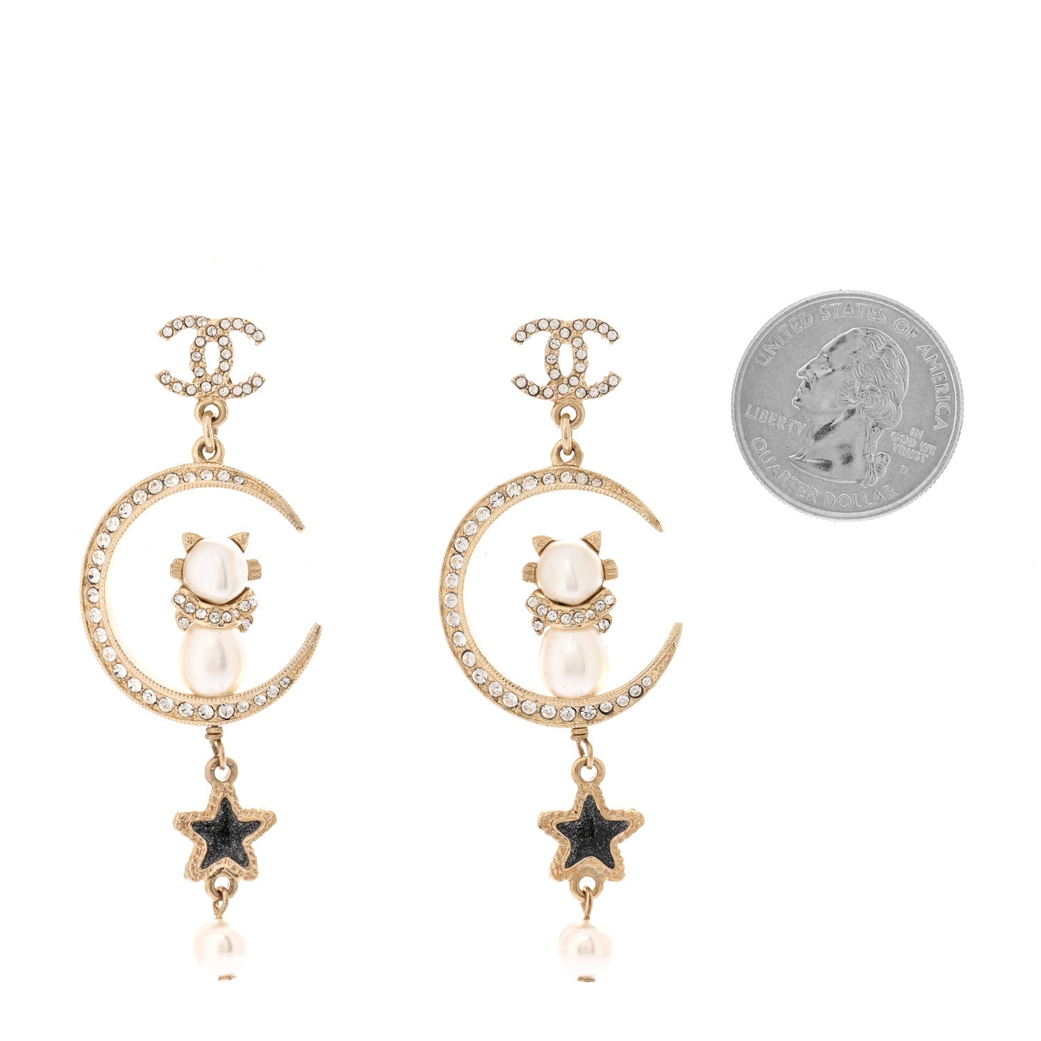 Chanel Metal Pearl Strass Resin CC Cat Moon Earrings Gold 2 of 4