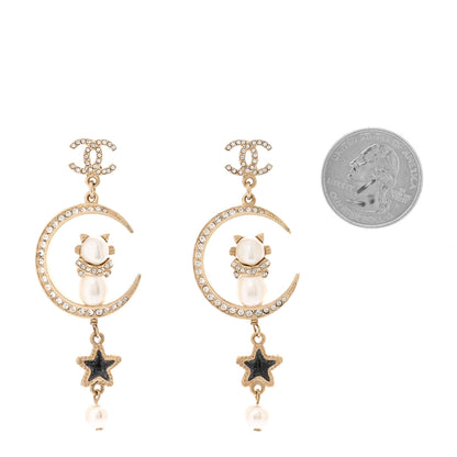 Chanel Metal Pearl Strass Resin CC Cat Moon Earrings Gold 2 of 4