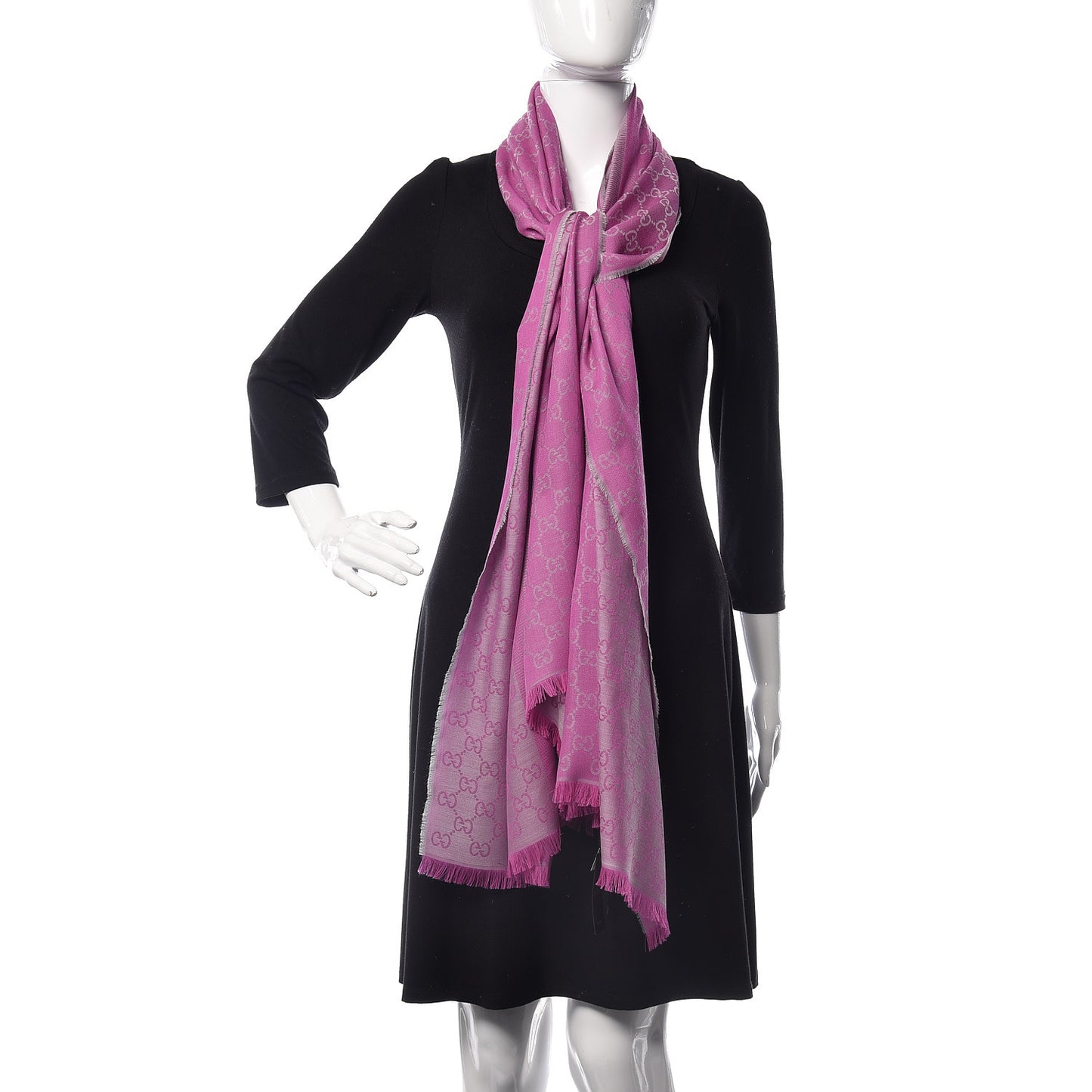 Wool Silk GG Monogram GGWeblong Fringe Scarf Shawl Zinc Pink