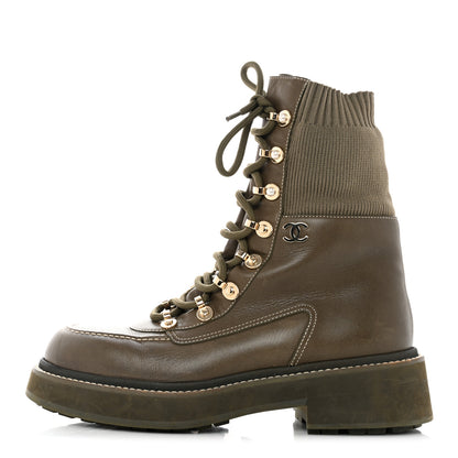 Chanel Calfskin Knit Lace Up Combat Boots 39.5 Green 1 of 10