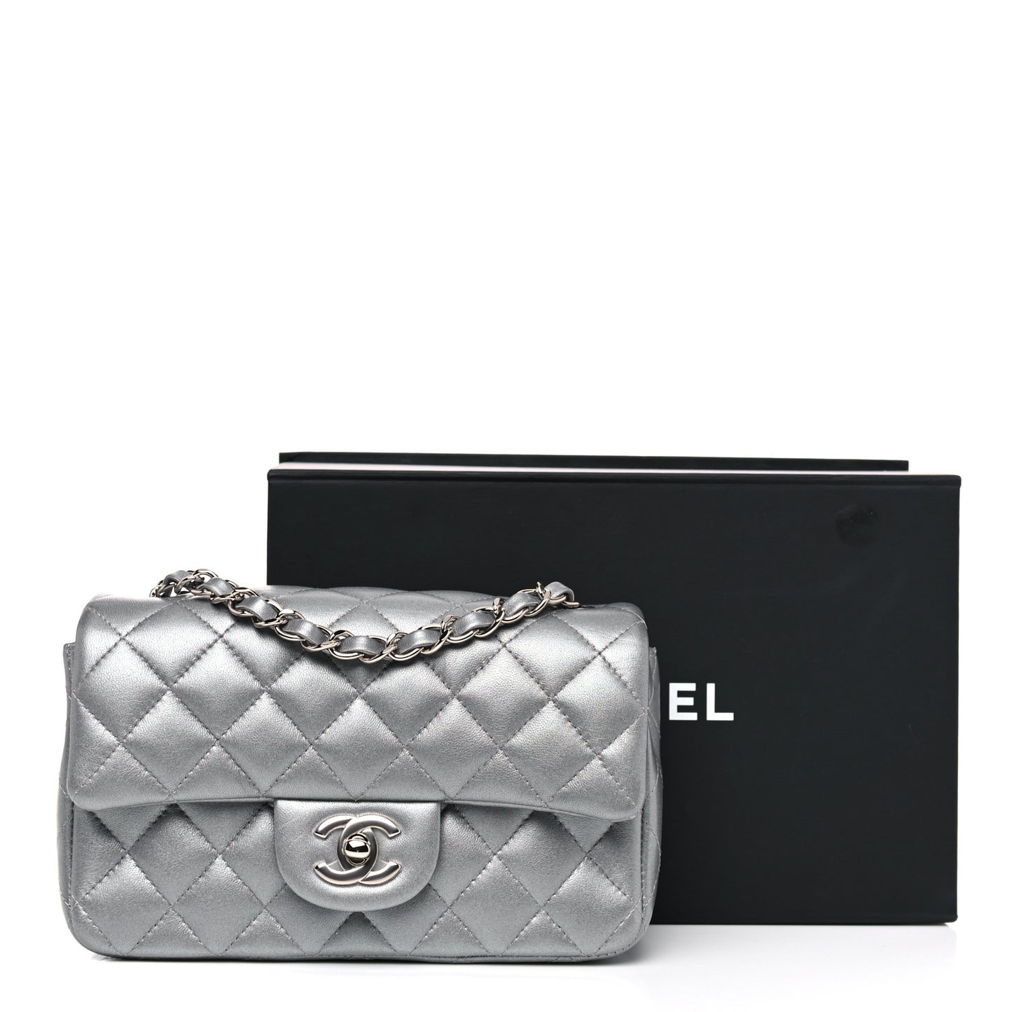 Metallic Lambskin Quilted Mini Rectangular Flap Silver