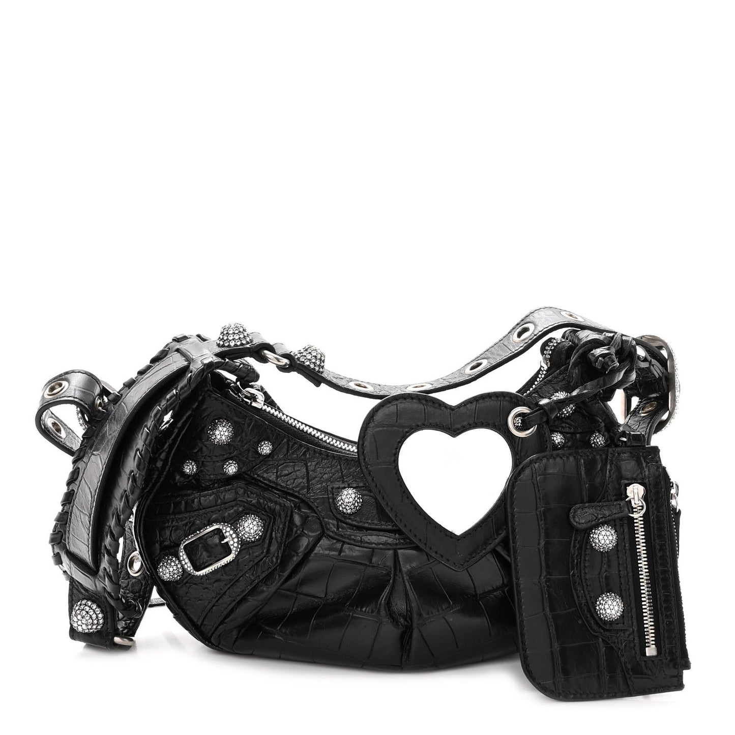 Extra Supple Calfskin Crystal Crocodile Embossed Le Cagole Shoulder Bag XS Black