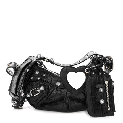 Balenciaga Extra Supple Calfskin Crystal Crocodile Embossed Le Cagole Shoulder Bag XS Black 1 of 9