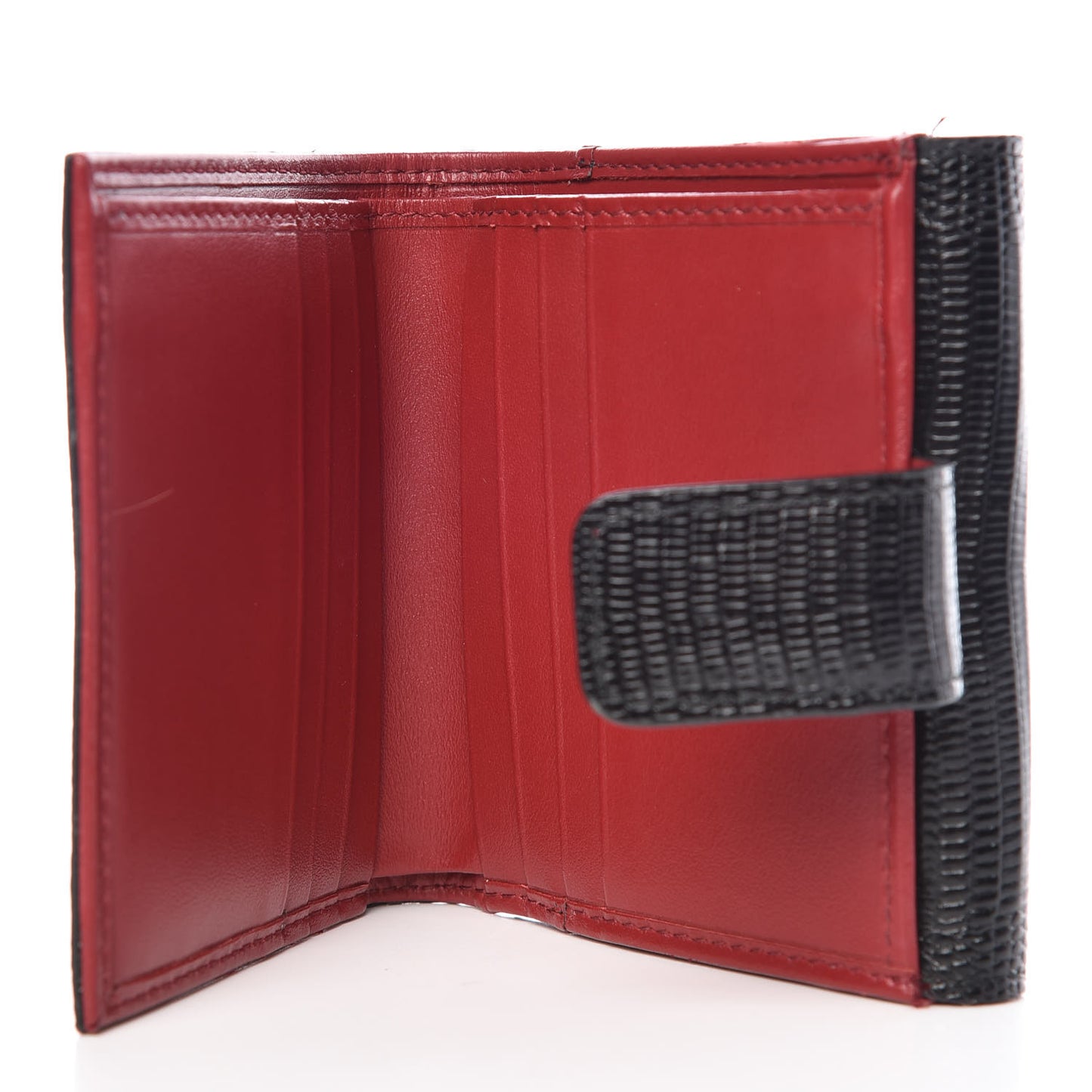 Iguana Calfskin Embossed Embellished Logo French Flap Wallet Black