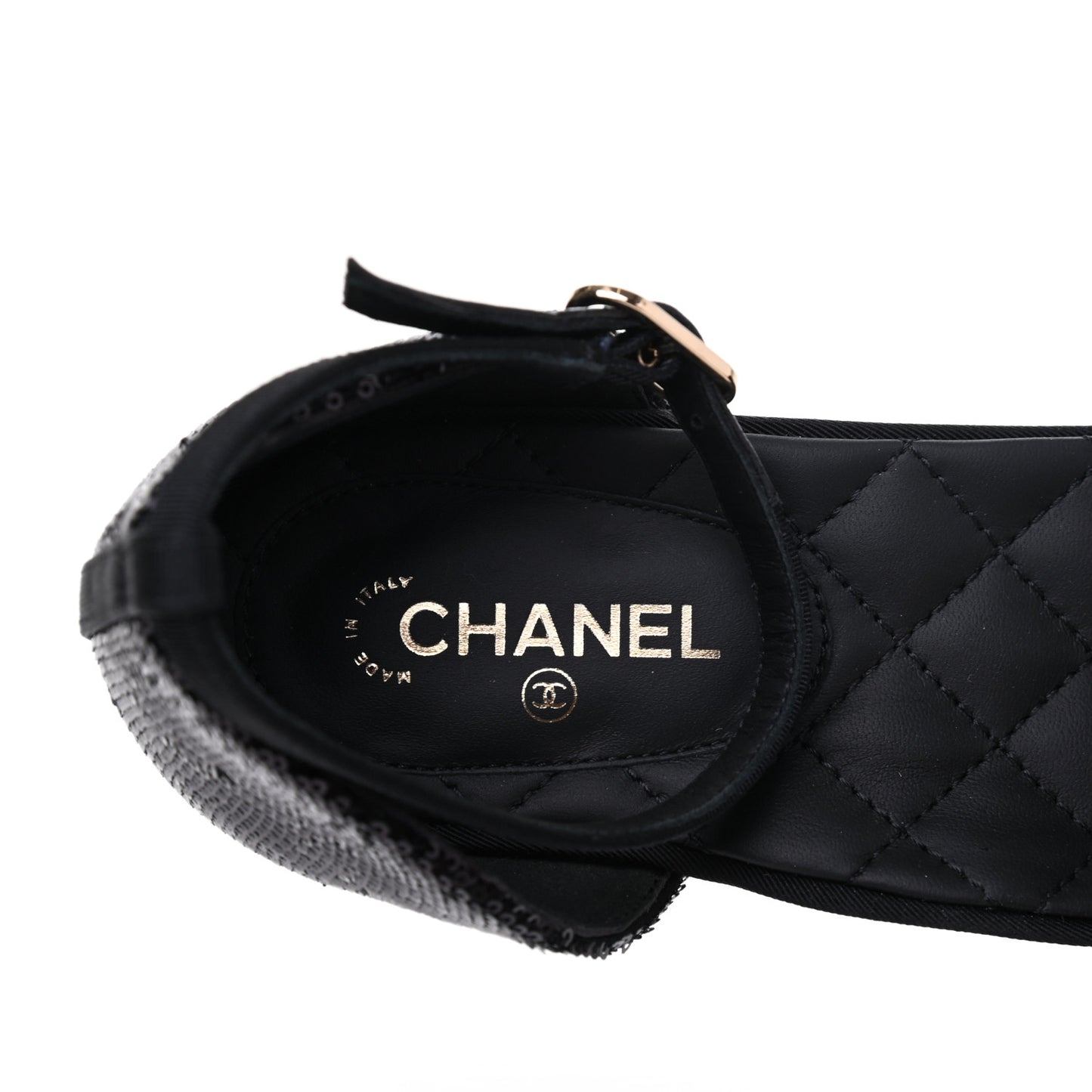 Sequin Grosgrain CC Cap Toe Ankle Flat 40 Black