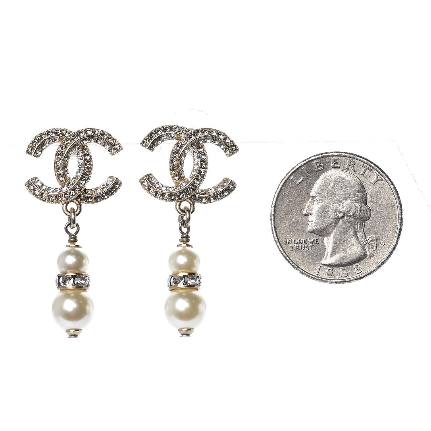 Chanel Crystal Pearl CC Drop Earrings Gold 2 of 5