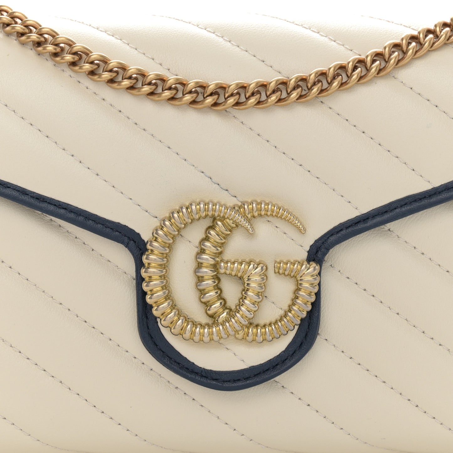Vintage Effect Calfskin Matelasse Diagonal Torchon GG Marmont Chain Wallet Mystic White Blue Agata