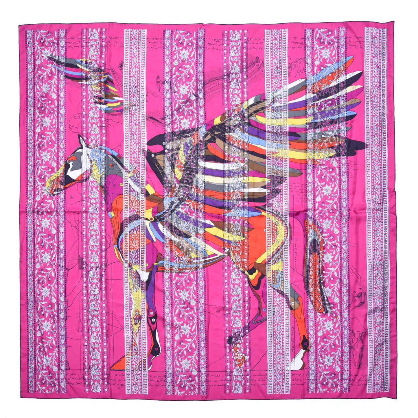Silk Embroidered Pegase Au Bloc Exceptional Scarf 140 Rose Indien