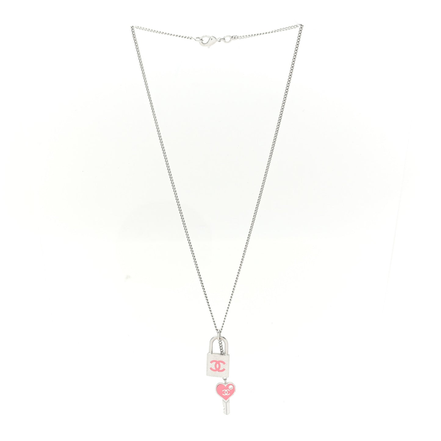 Enamel CC Padlock Heart Key Necklace  Silver Rose Salmon