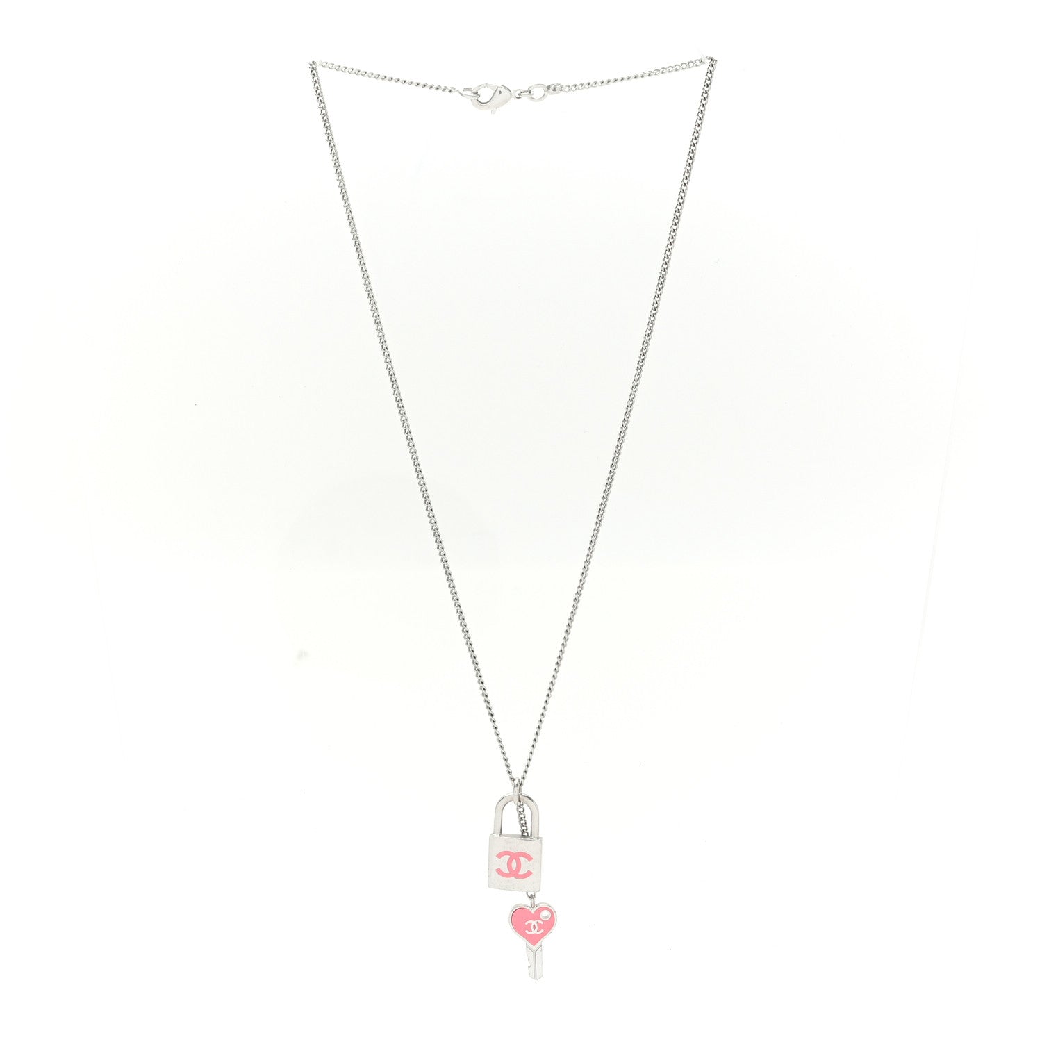 Chanel Enamel CC Padlock Heart Key Necklace  Silver Rose Salmon 3 of 5