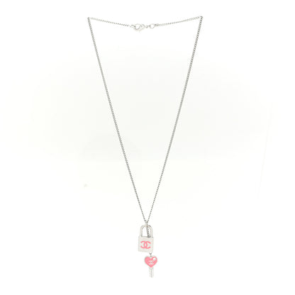 Chanel Enamel CC Padlock Heart Key Necklace  Silver Rose Salmon 3 of 5