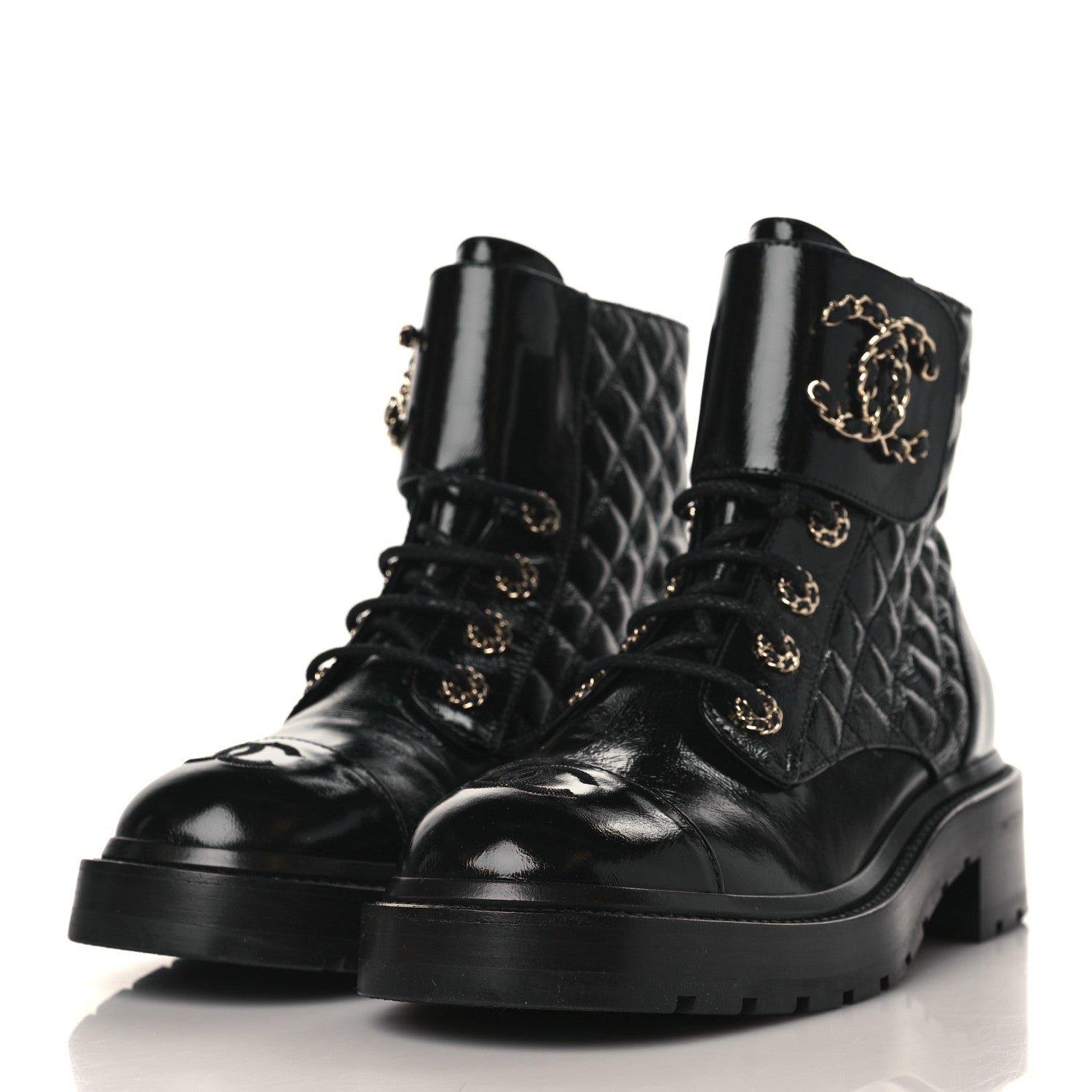 Chanel Shiny Goatskin Calfskin Quilted Lace Up Combat Boots 38.5 Black 3 of 8