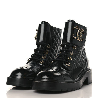 Chanel Shiny Goatskin Calfskin Quilted Lace Up Combat Boots 38.5 Black 3 of 8