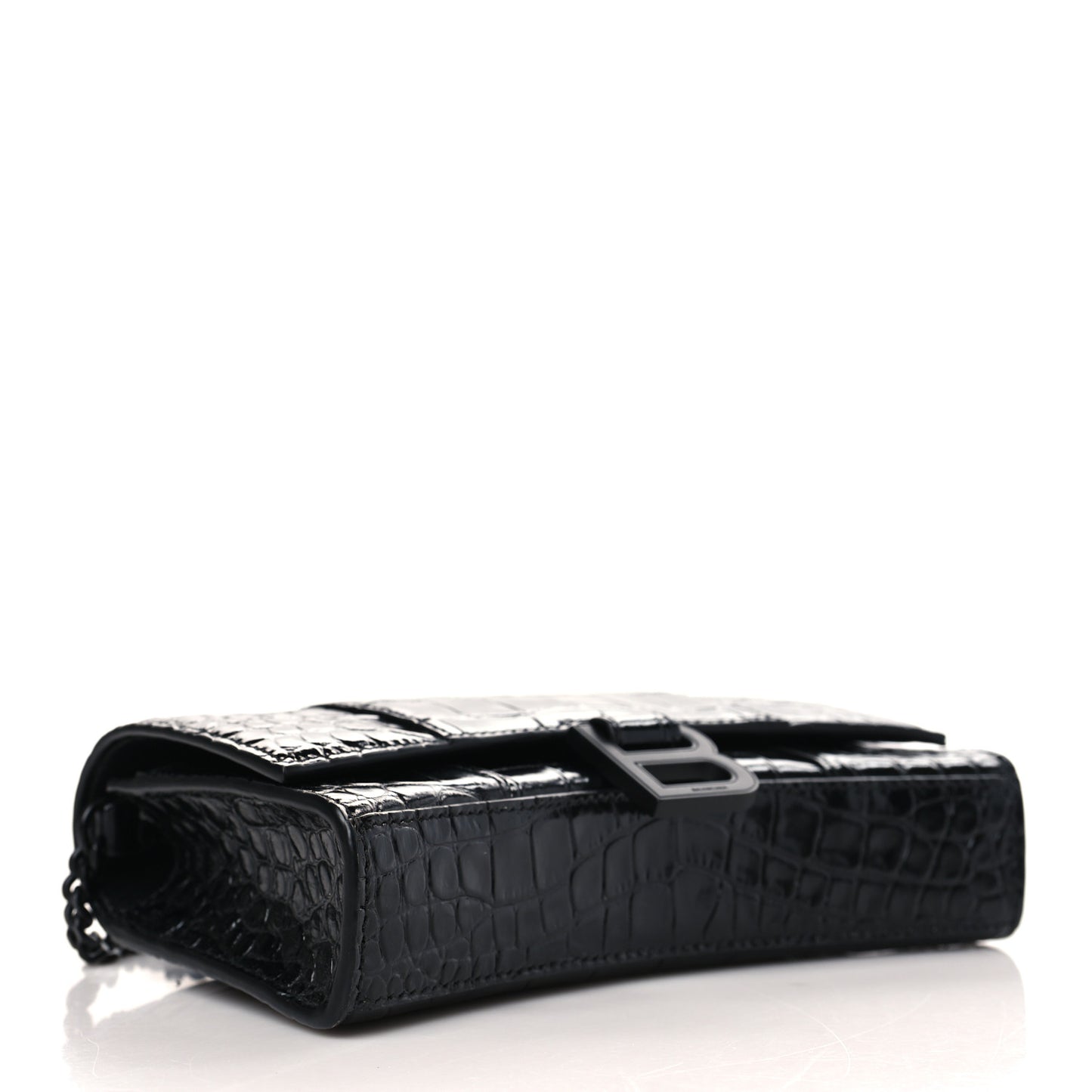 Shiny Calfskin Monochrome Crocodile Embossed Hourglass Chain Bag Black