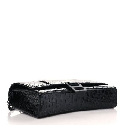 Balenciaga Shiny Calfskin Monochrome Crocodile Embossed Hourglass Chain Bag Black 4 of 8