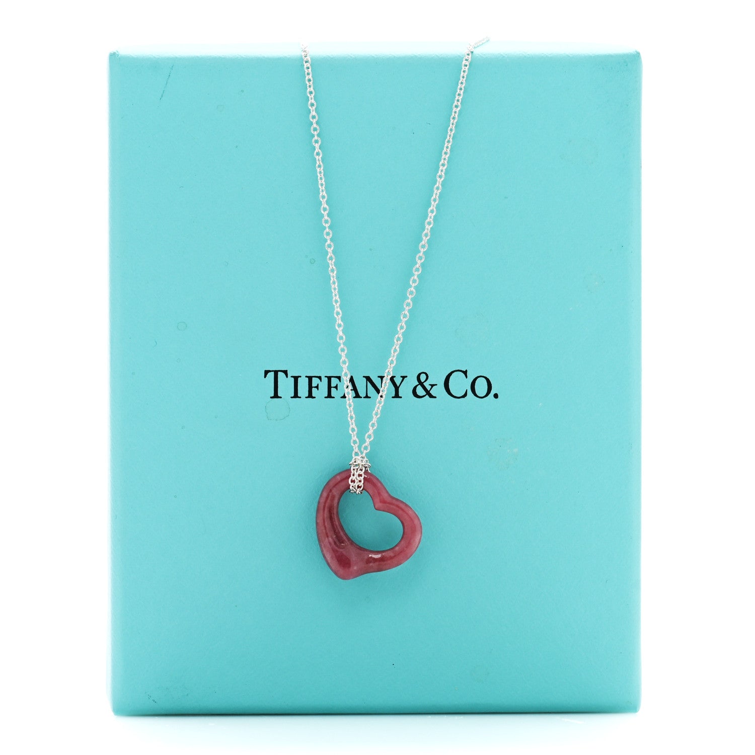 Tiffany Sterling Silver Rhodonite Elsa Peretti Open Heart Pendant Necklace 5 of 5