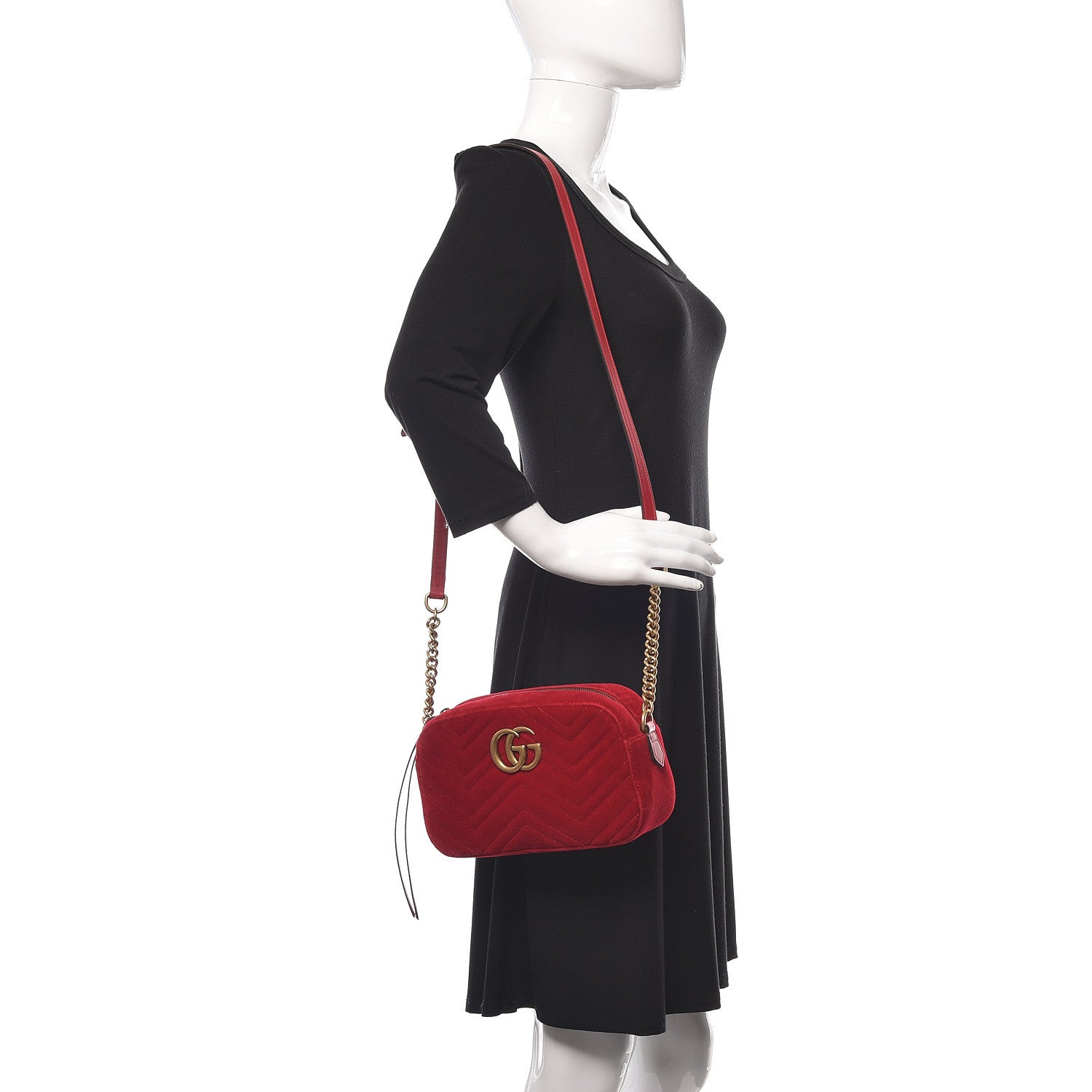 Gucci Velvet Matelasse Small GG Marmont Chain Shoulder Bag Hibiscus Red 2 of 10