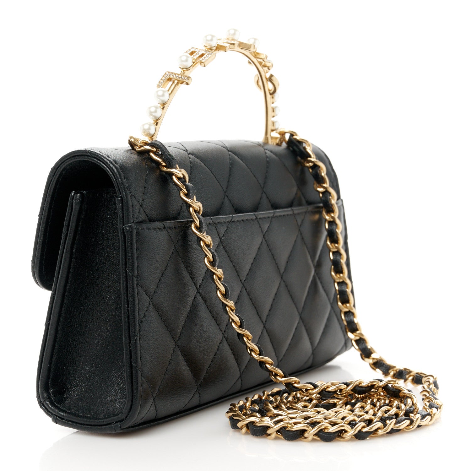 Chanel Lambskin Pearl Crystal Quilted Pearly Girl Handle Flap Phone Holder With Chain Black 3 of 12