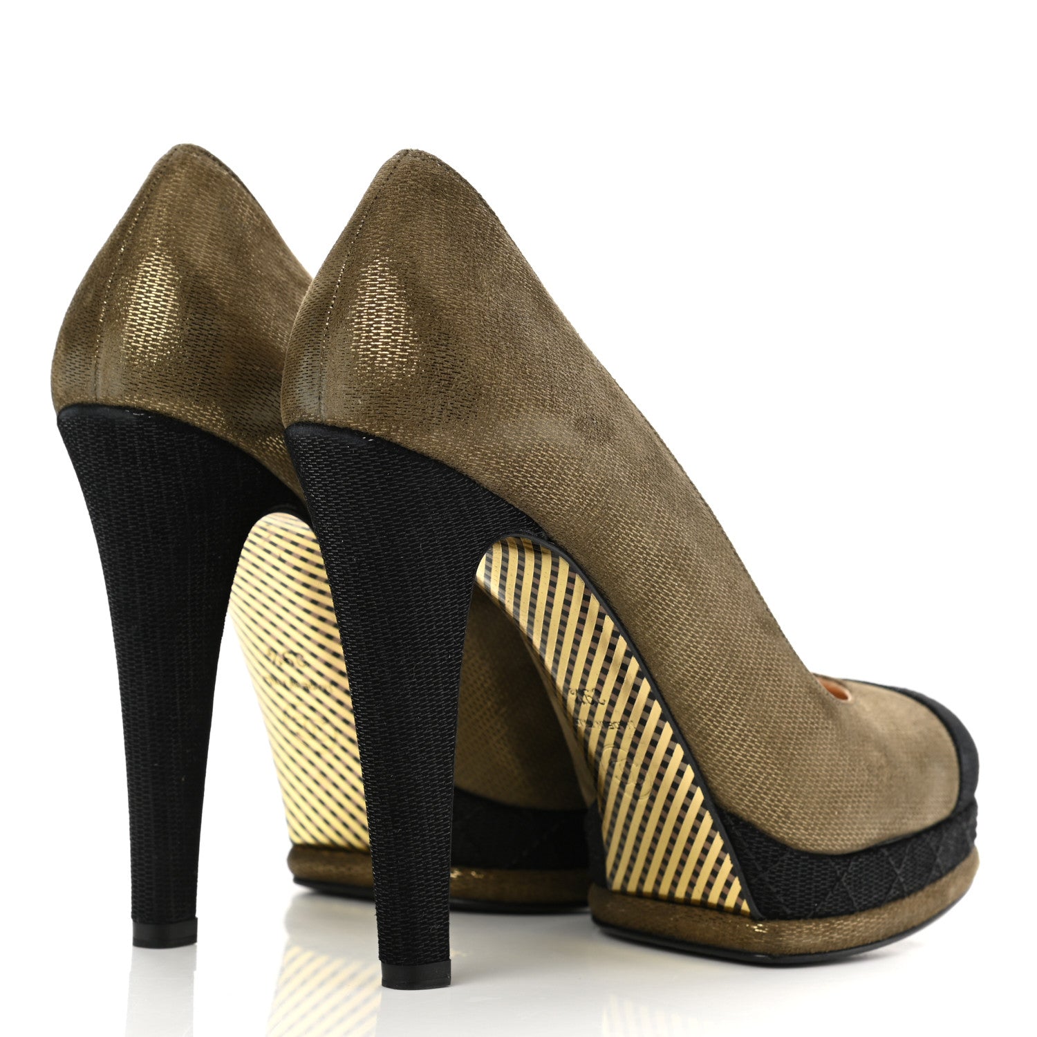 Chanel Metallic Fabric CC Cap Toe Pumps 39.5 Khaki Black 4 of 9